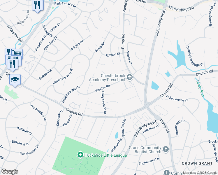map of restaurants, bars, coffee shops, grocery stores, and more near 12005 Sunrise Road in Richmond
