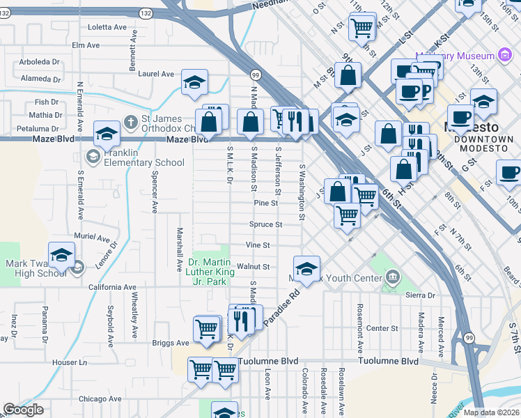 map of restaurants, bars, coffee shops, grocery stores, and more near 210 Spruce Street in Modesto