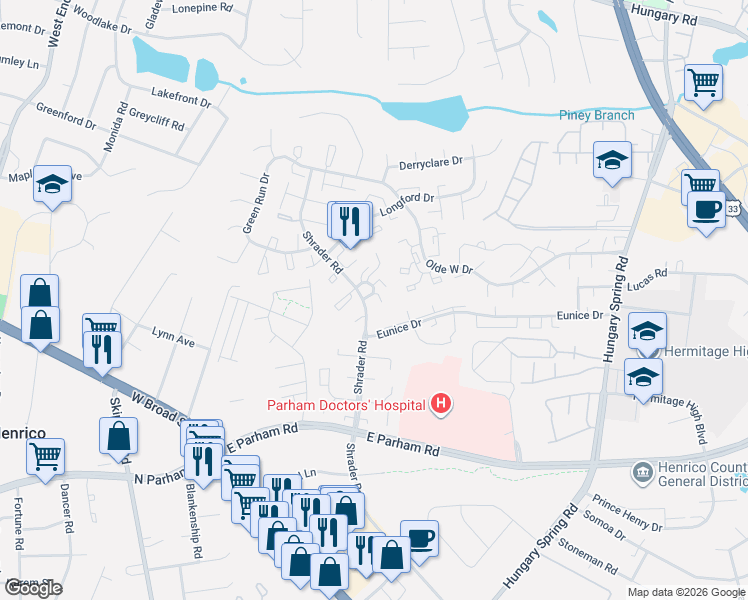 map of restaurants, bars, coffee shops, grocery stores, and more near 8404 Muldoon Court in Henrico