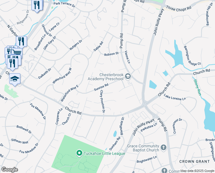 map of restaurants, bars, coffee shops, grocery stores, and more near 12005 Sunrise Road in Richmond