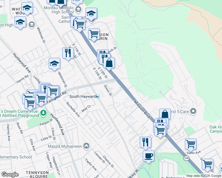 map of restaurants, bars, coffee shops, grocery stores, and more near 28650 Cork Oak Lane in Hayward