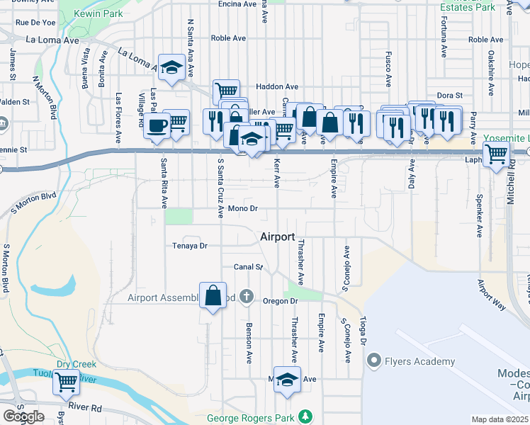 map of restaurants, bars, coffee shops, grocery stores, and more near 1416 Mono Drive in Modesto