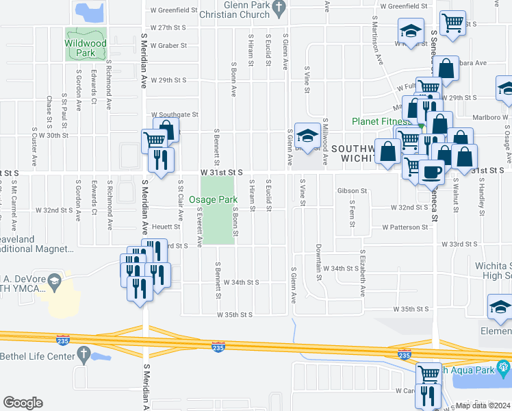 map of restaurants, bars, coffee shops, grocery stores, and more near 3256 South Hiram Street in Wichita