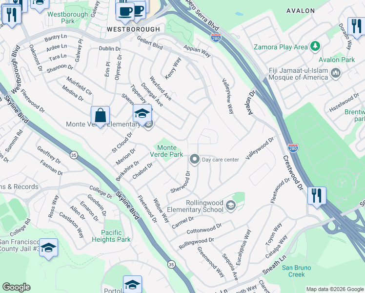map of restaurants, bars, coffee shops, grocery stores, and more near 2518 Albright Way in South San Francisco