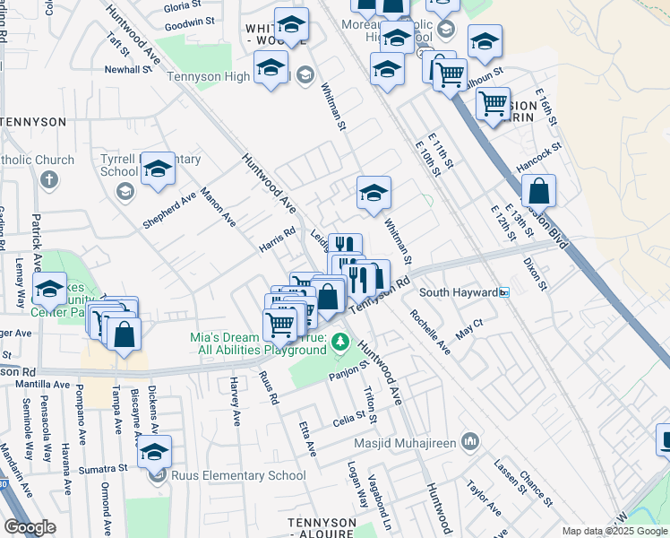 map of restaurants, bars, coffee shops, grocery stores, and more near 27827 Leidig Ct in Hayward