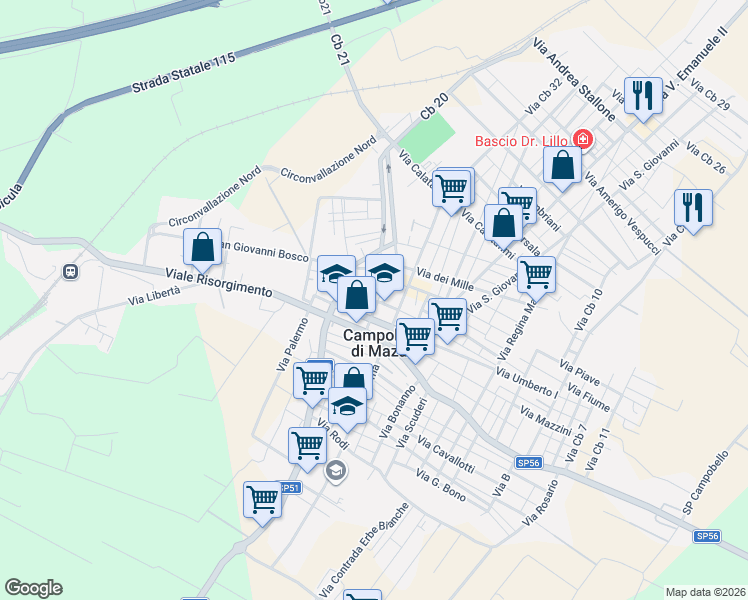 map of restaurants, bars, coffee shops, grocery stores, and more near 10 Via Dante Alighieri in Campobello di Mazara