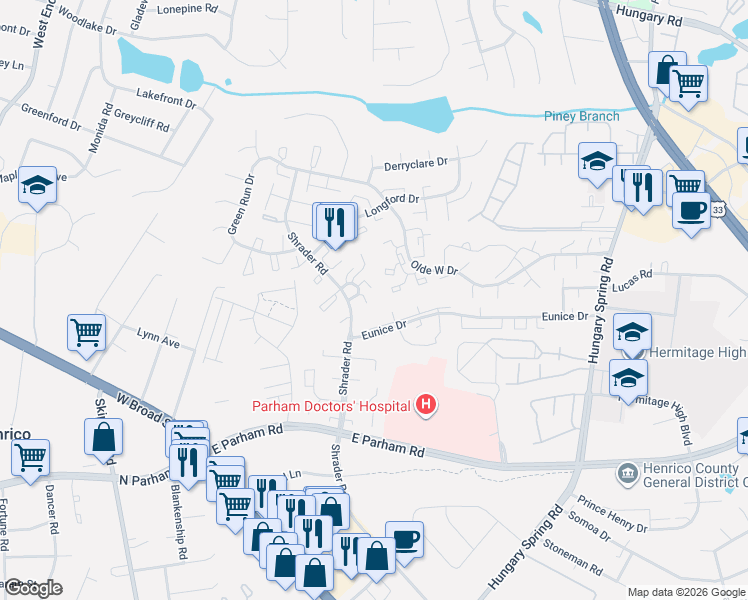 map of restaurants, bars, coffee shops, grocery stores, and more near 8404 Muldoon Court in Henrico