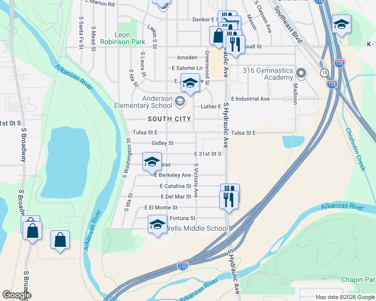 map of restaurants, bars, coffee shops, grocery stores, and more near 1415 East 31st Street South in Wichita