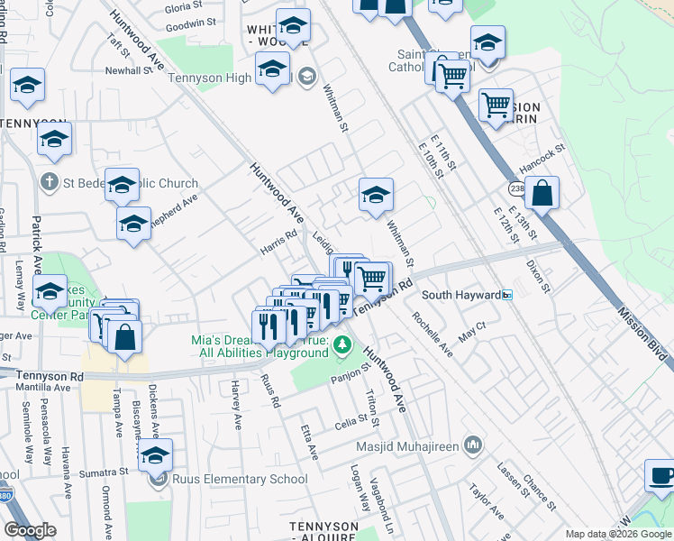 map of restaurants, bars, coffee shops, grocery stores, and more near 27827 Leidig Court in Hayward