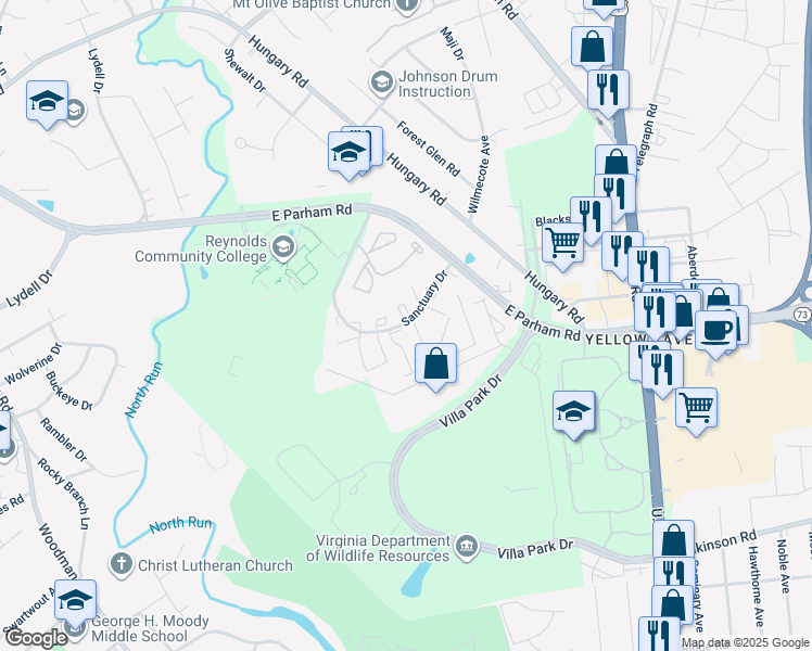 map of restaurants, bars, coffee shops, grocery stores, and more near 1511 Watch Tower Lane in Richmond