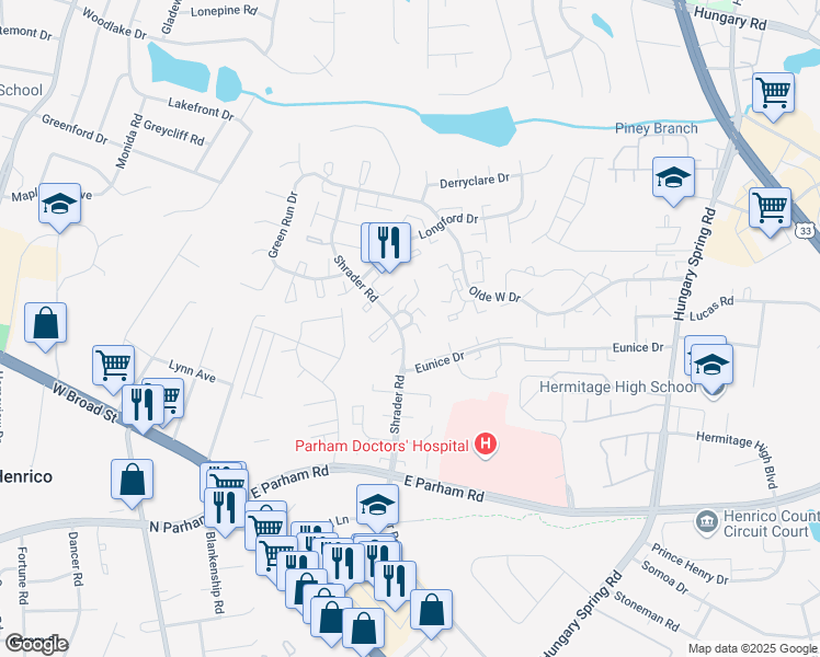 map of restaurants, bars, coffee shops, grocery stores, and more near 8403 Shannon Green Court in Richmond