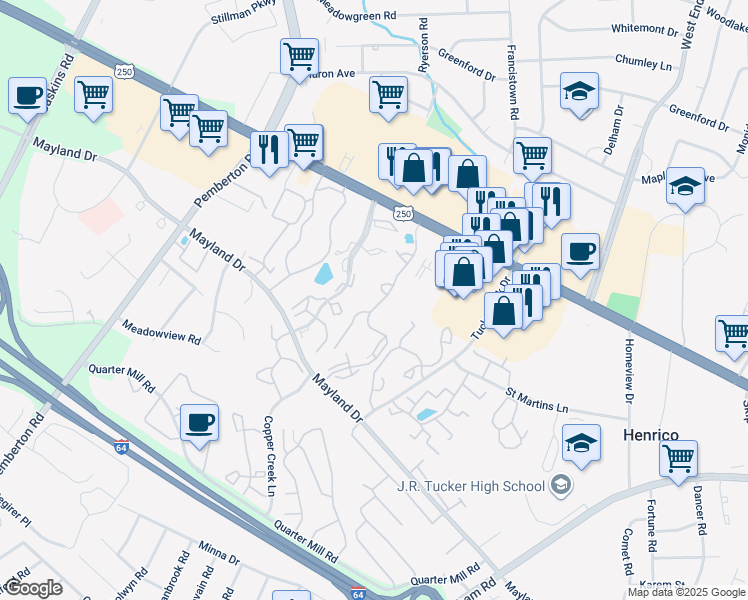 map of restaurants, bars, coffee shops, grocery stores, and more near 3500 Sundance Way in Richmond