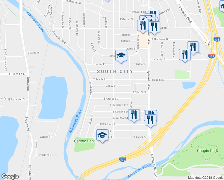 map of restaurants, bars, coffee shops, grocery stores, and more near 1221 East 31st Street South in Wichita