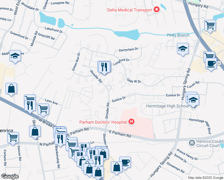 map of restaurants, bars, coffee shops, grocery stores, and more near 8403 Shannon Green Court in Richmond