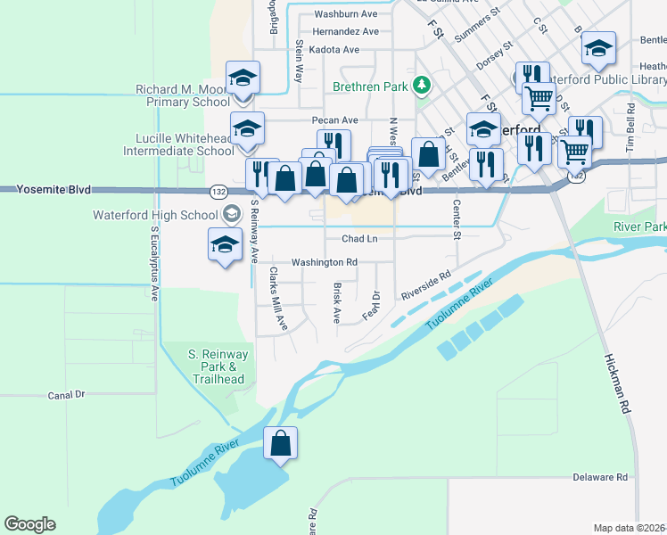 map of restaurants, bars, coffee shops, grocery stores, and more near 12119 Paaga Lane in Waterford