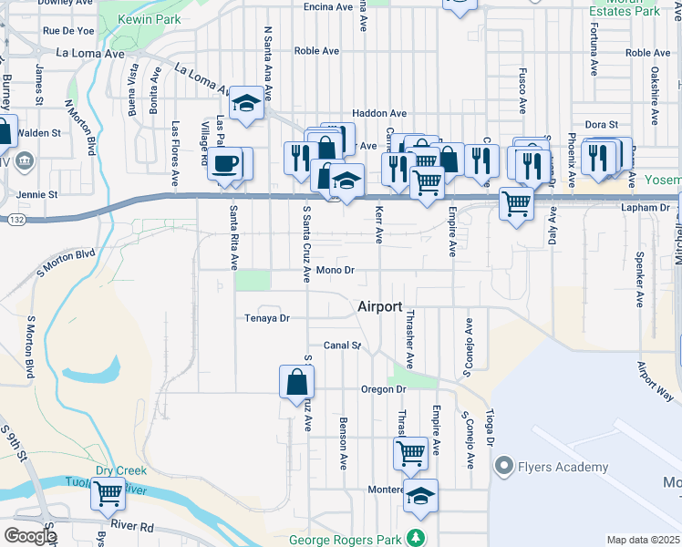map of restaurants, bars, coffee shops, grocery stores, and more near 1334 Mono Drive in Modesto