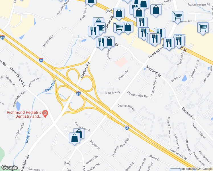 map of restaurants, bars, coffee shops, grocery stores, and more near 9828 Pemberton Creek Drive in Richmond