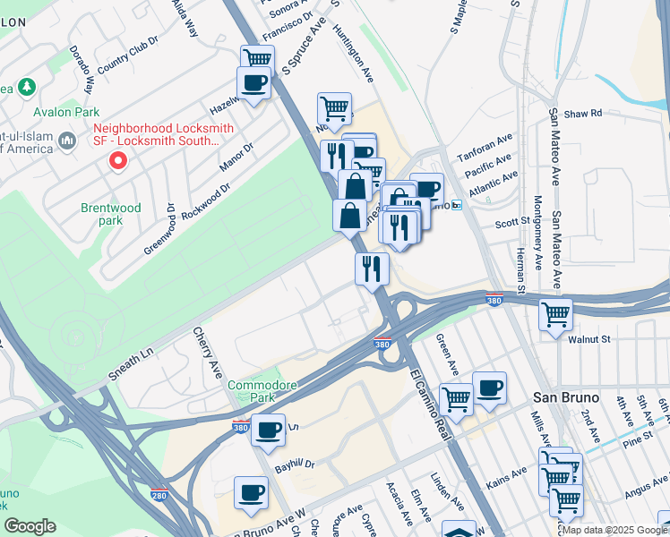 map of restaurants, bars, coffee shops, grocery stores, and more near 900 Commodore Drive in San Bruno