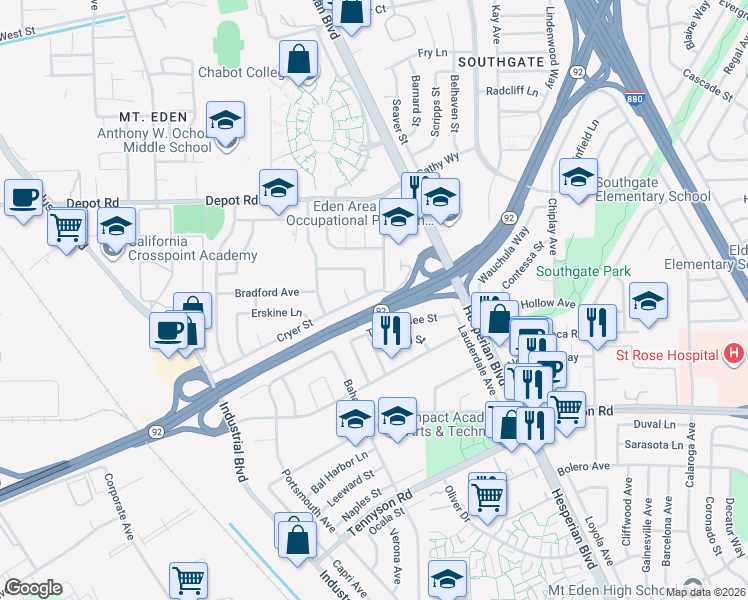 map of restaurants, bars, coffee shops, grocery stores, and more near in Hayward