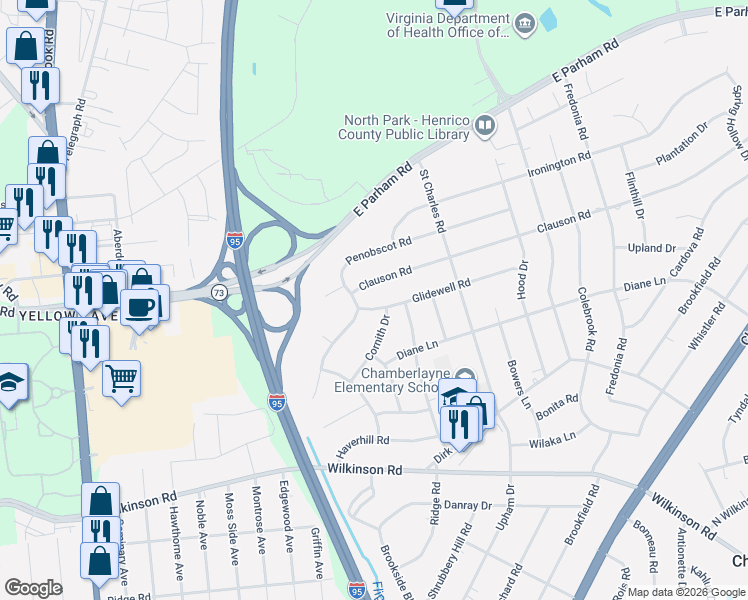 map of restaurants, bars, coffee shops, grocery stores, and more near 8309 Penobscot Road in Richmond