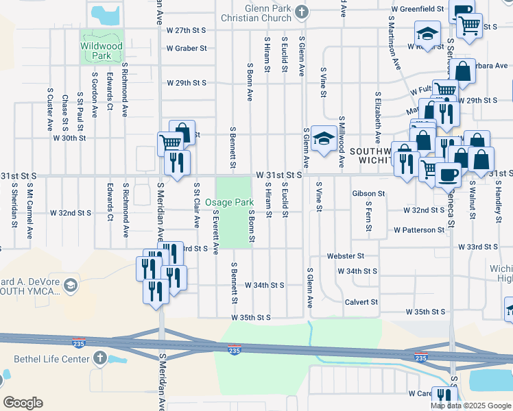 map of restaurants, bars, coffee shops, grocery stores, and more near 3304 South Bonn Street in Wichita