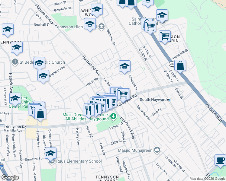 map of restaurants, bars, coffee shops, grocery stores, and more near 27827 Leidig Court in Hayward