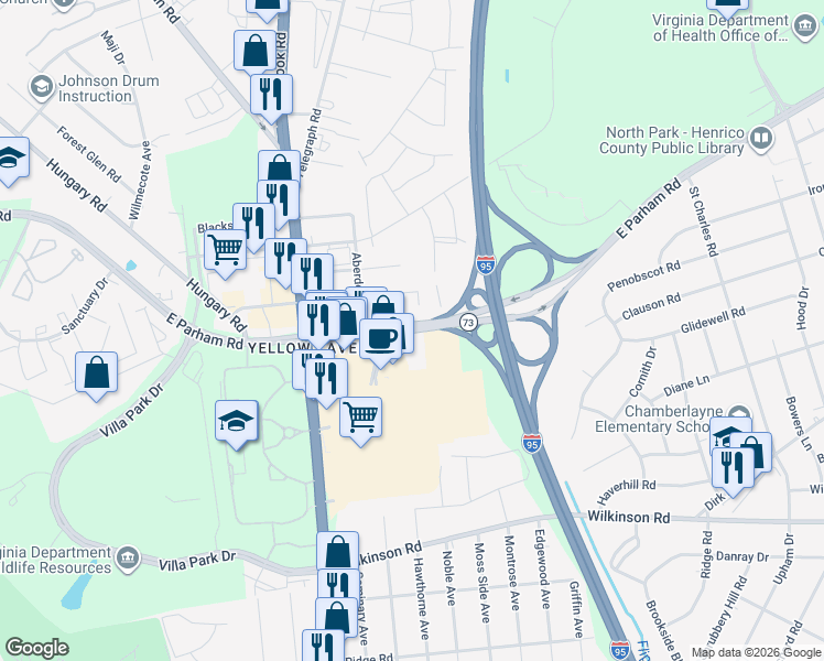 map of restaurants, bars, coffee shops, grocery stores, and more near Virginia 73 in Glen Allen