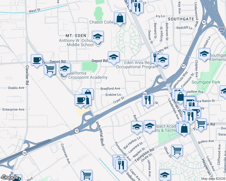 map of restaurants, bars, coffee shops, grocery stores, and more near 2472 Bradford Avenue in Hayward