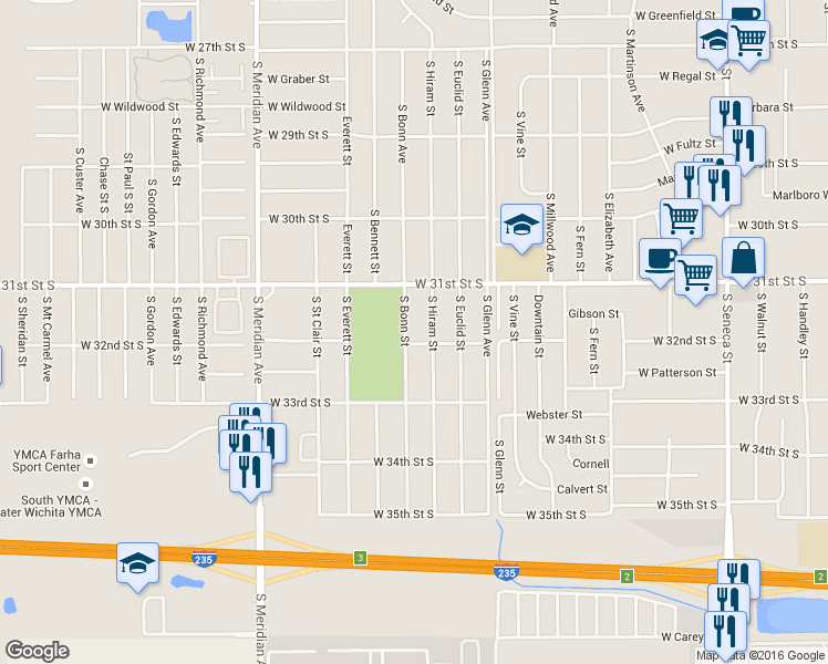map of restaurants, bars, coffee shops, grocery stores, and more near 3304 South Bonn Street in Wichita
