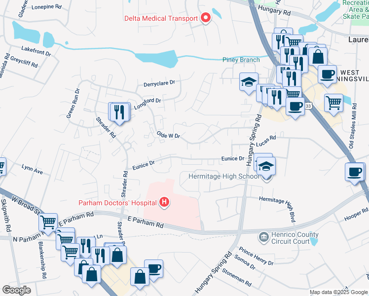 map of restaurants, bars, coffee shops, grocery stores, and more near 5541 Olde West Court in Richmond