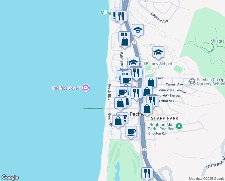 map of restaurants, bars, coffee shops, grocery stores, and more near 15 Santa Maria Avenue in Pacifica