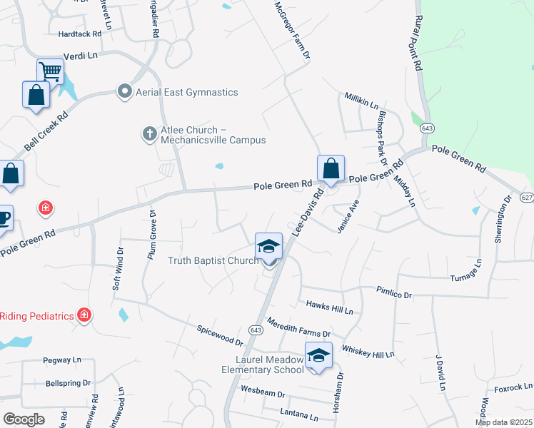 map of restaurants, bars, coffee shops, grocery stores, and more near 8371 Wetherden Drive in Mechanicsville