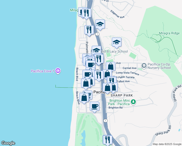 map of restaurants, bars, coffee shops, grocery stores, and more near 1715 Palmetto Avenue in Pacifica