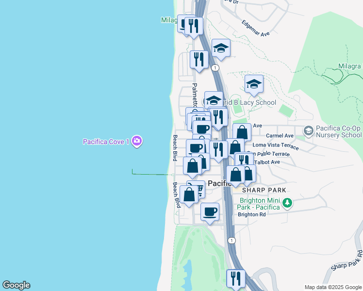 map of restaurants, bars, coffee shops, grocery stores, and more near 15 Santa Maria Avenue in Pacifica