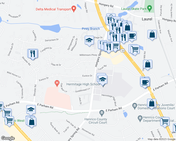 map of restaurants, bars, coffee shops, grocery stores, and more near 5509 Macie Drive in Richmond