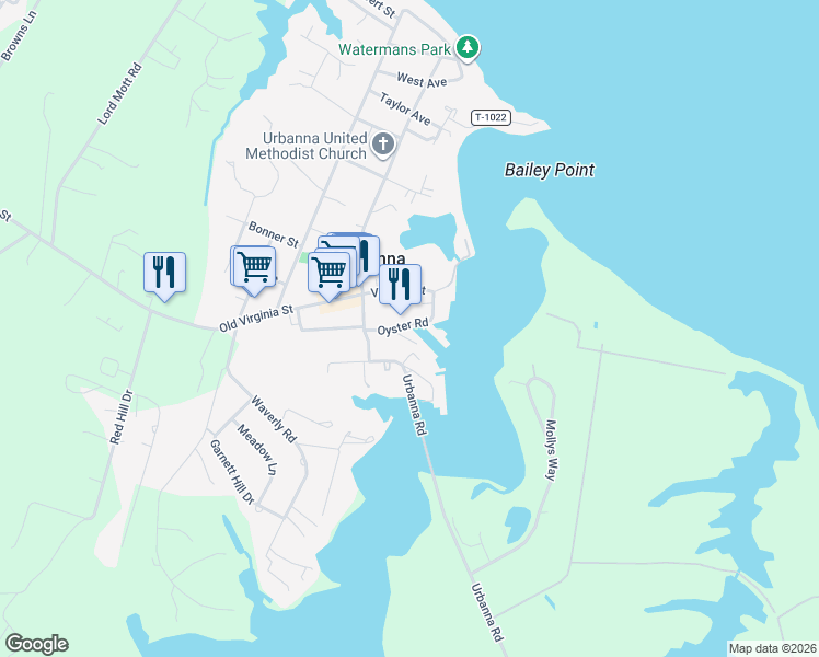 map of restaurants, bars, coffee shops, grocery stores, and more near 1 Waterfront Street in Urbanna