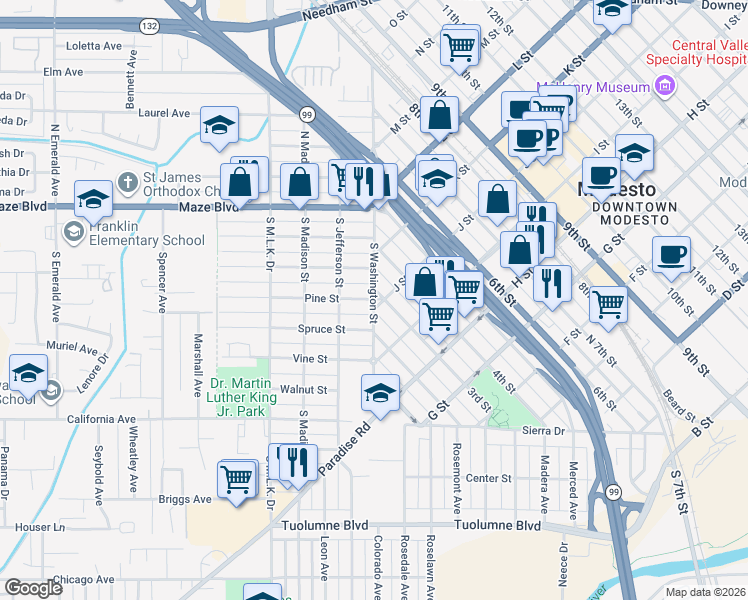 map of restaurants, bars, coffee shops, grocery stores, and more near South Washington Street in Modesto