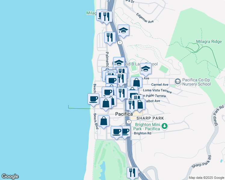 map of restaurants, bars, coffee shops, grocery stores, and more near 1715 Palmetto Avenue in Pacifica
