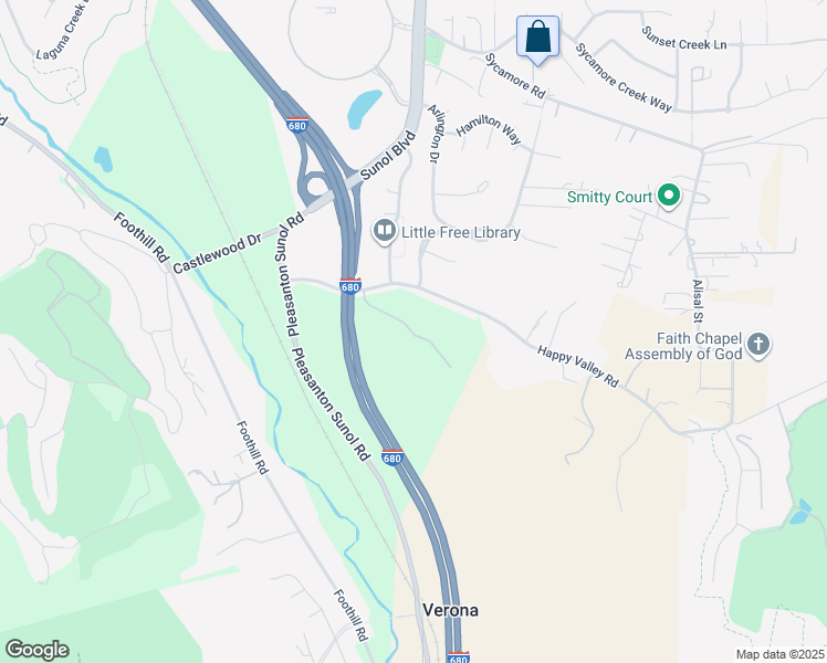 map of restaurants, bars, coffee shops, grocery stores, and more near Ostrich Feather Ln in Pleasanton