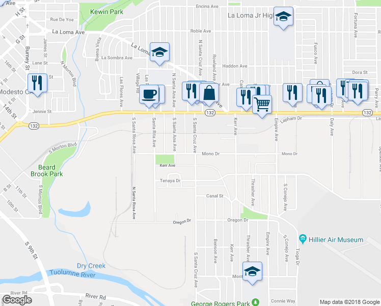 map of restaurants, bars, coffee shops, grocery stores, and more near 1322 Mono Drive in Modesto