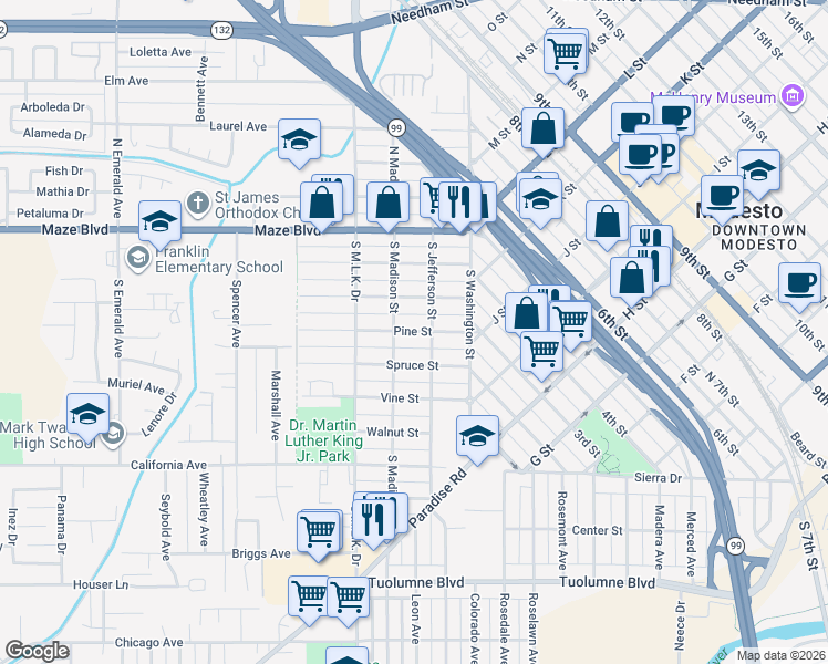 map of restaurants, bars, coffee shops, grocery stores, and more near 210 Spruce Street in Modesto