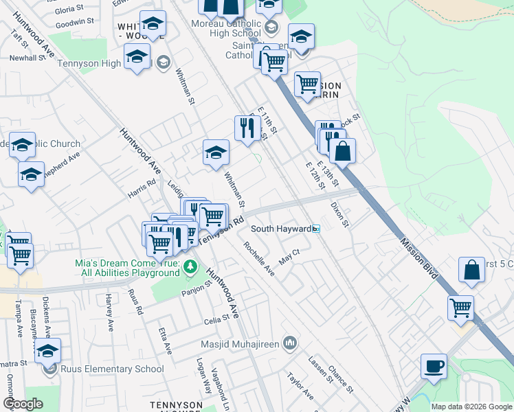 map of restaurants, bars, coffee shops, grocery stores, and more near 28133 Saint Tropez Place in Hayward