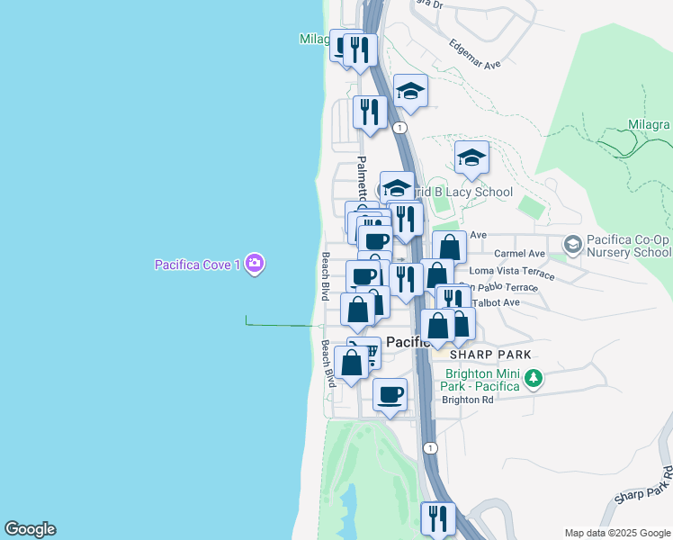 map of restaurants, bars, coffee shops, grocery stores, and more near 36 Santa Maria Avenue in Pacifica