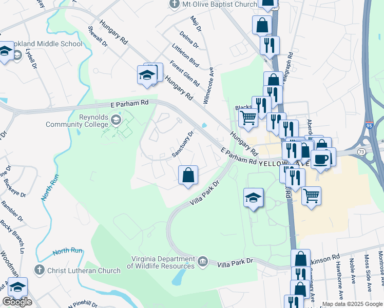 map of restaurants, bars, coffee shops, grocery stores, and more near 1517 Honor Drive in Richmond