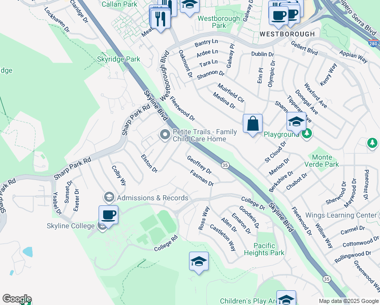 map of restaurants, bars, coffee shops, grocery stores, and more near 3340 Geoffrey Drive in San Bruno