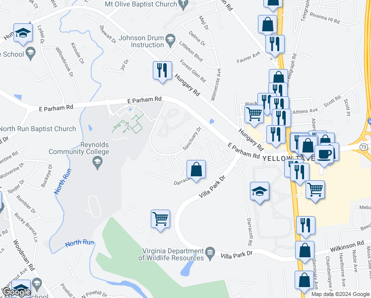 map of restaurants, bars, coffee shops, grocery stores, and more near 1501 Honor Drive in Henrico