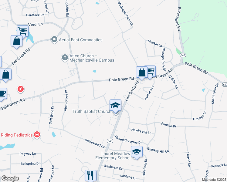 map of restaurants, bars, coffee shops, grocery stores, and more near 8371 Wetherden Drive in Mechanicsville