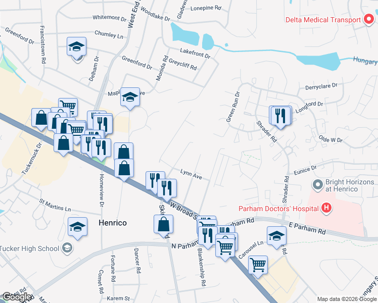 map of restaurants, bars, coffee shops, grocery stores, and more near 2605 North Skipwith Road in Richmond