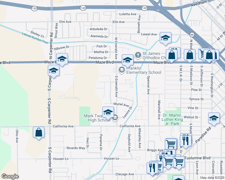 map of restaurants, bars, coffee shops, grocery stores, and more near 412 Longfellow Avenue in Modesto