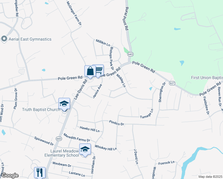 map of restaurants, bars, coffee shops, grocery stores, and more near 6590 Magnolia Green Lane in Mechanicsville